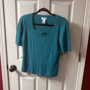 Worthington Essentials Teal Ribbed Square Neck Short Sleeve Top Women's Large
